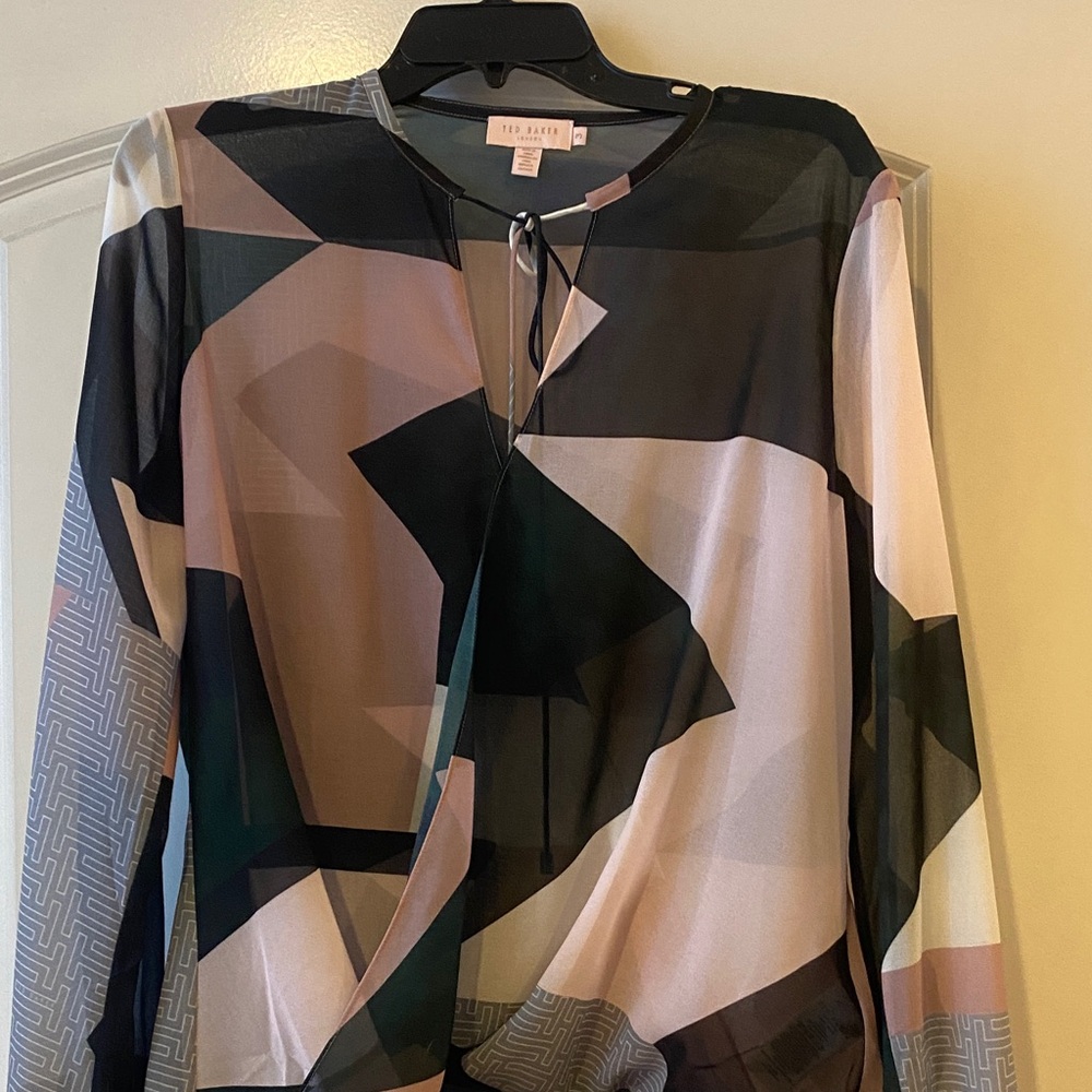 Ted Baker Abstract Print Blouse in Black, Pink, and Cream